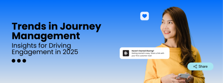 blog header for trends in journey management with a woman on the right using her phone